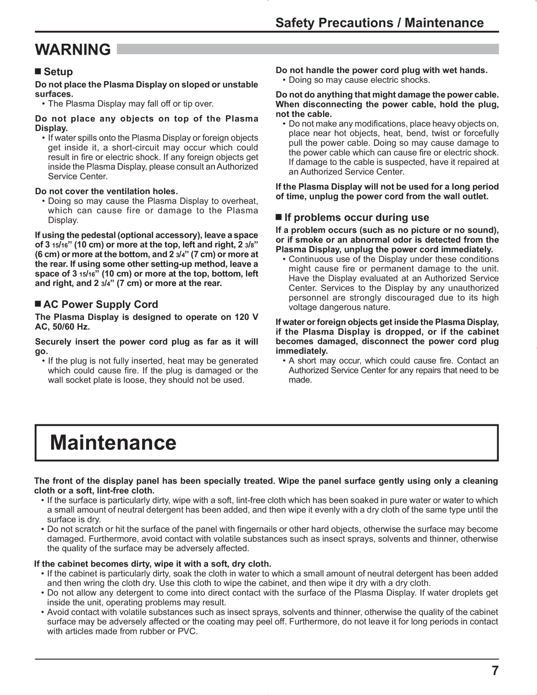 Panasonic TH-42PR9U manual Safety Precautions / Maintenance, Setup, AC Power Supply Cord, If problems occur during use 