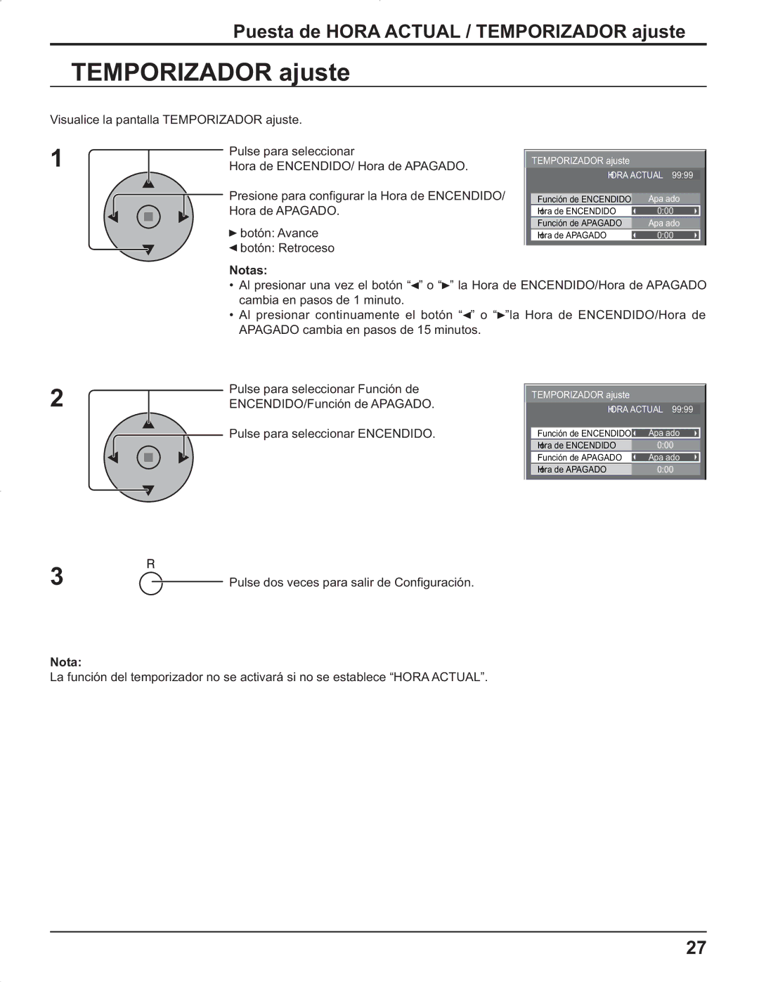 Panasonic TH-42PR9U, TH-37PR9U, TH-37PG9U, TH-42PG9U manual Puesta de Hora Actual / Temporizador ajuste 