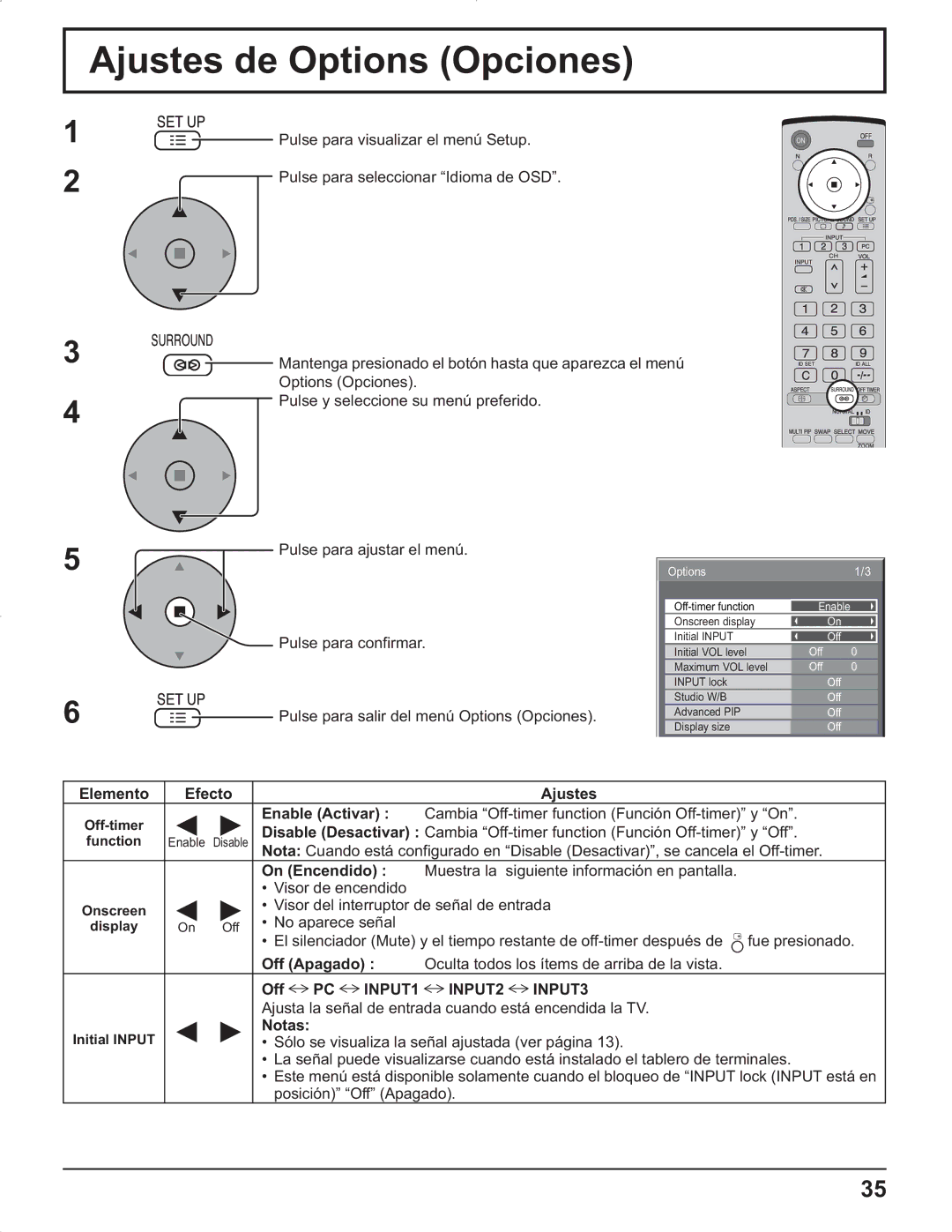 Panasonic TH-42PR9U, TH-37PR9U, TH-37PG9U, TH-42PG9U manual Ajustes de Options Opciones, INPUT1 INPUT2 INPUT3 