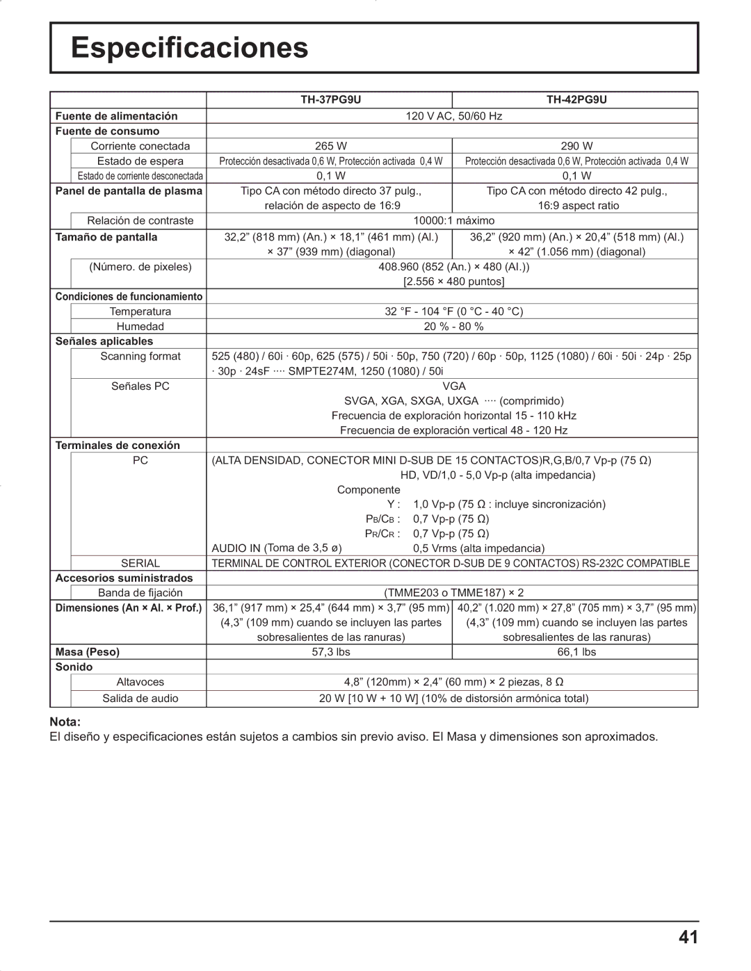 Panasonic TH-37PG9U, TH-37PR9U, TH-42PG9U, TH-42PR9U manual Especificaciones 