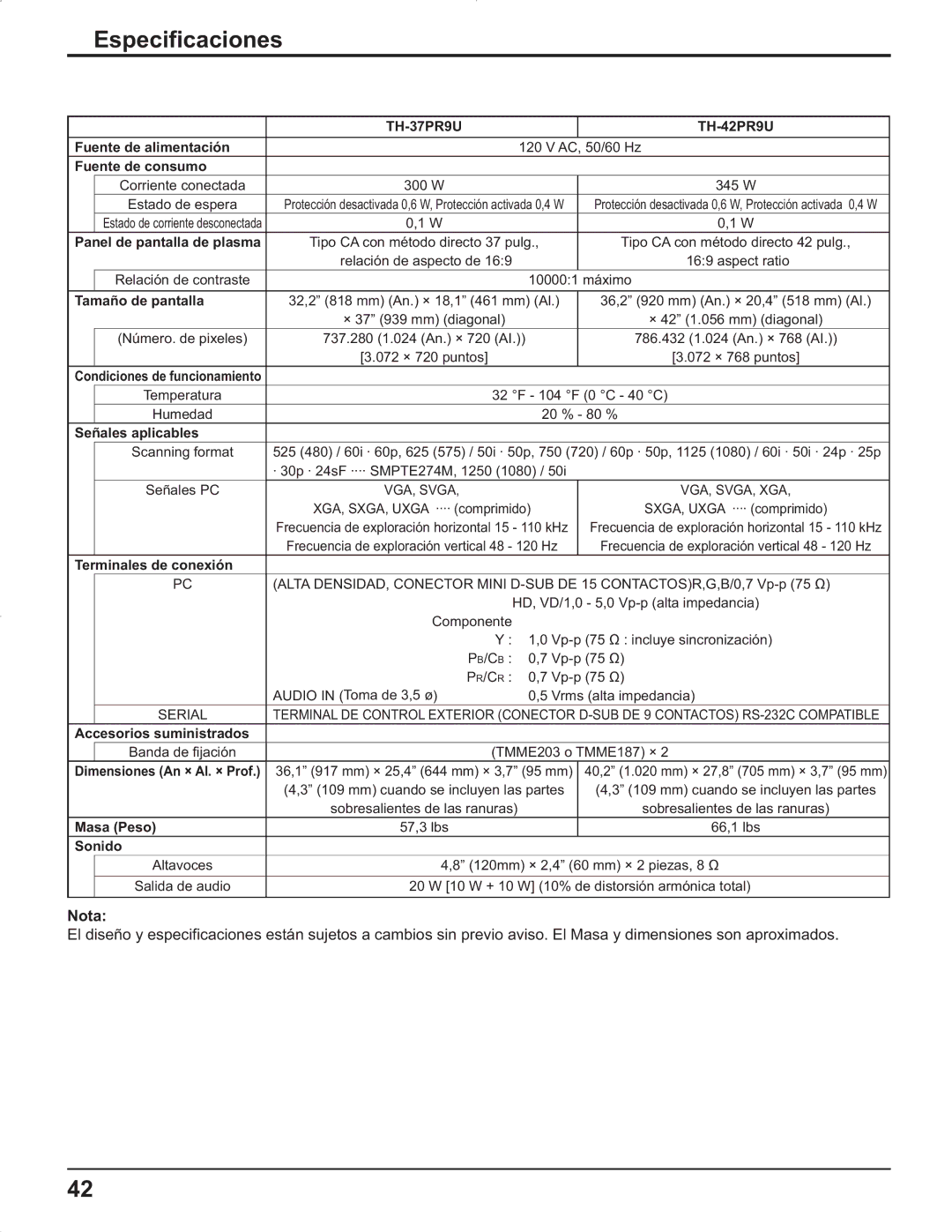 Panasonic TH-42PG9U, TH-37PR9U, TH-37PG9U, TH-42PR9U Especificaciones, 737.280 1.024 An. × 720 AI 786.432 1.024 An. × 768 AI 