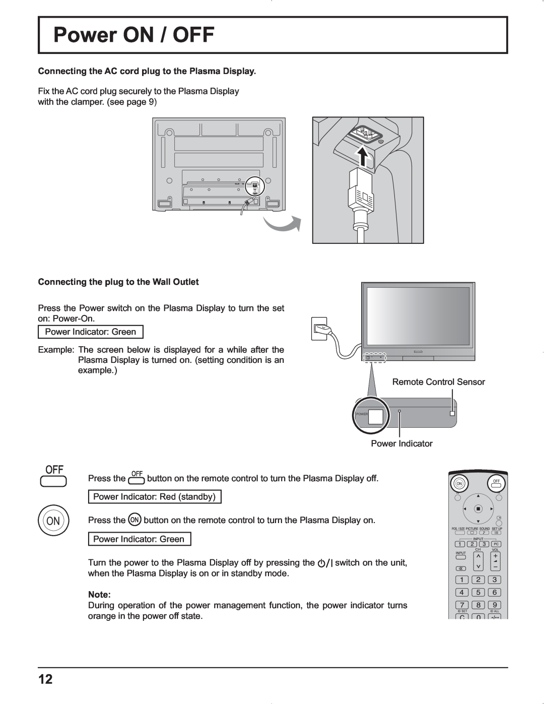 Panasonic TH-37PR9U, TH-37PG9U, TH-42PG9U, TH-42PR9U manual Power ON / OFF, Connecting the AC cord plug to the Plasma Display 