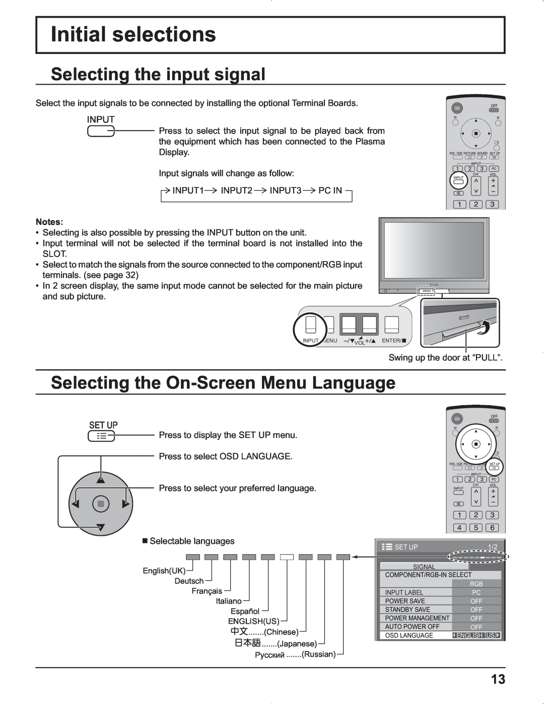 Panasonic TH-37PG9U, TH-37PR9U manual Initial selections, Selecting the input signal, Selecting the On-Screen Menu Language 