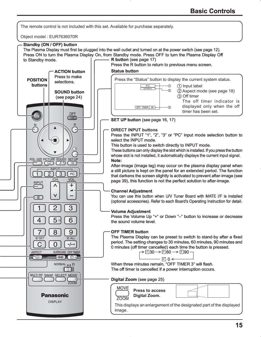 Panasonic TH-42PR9U, TH-37PR9U, TH-37PG9U, TH-42PG9U manual Basic Controls 