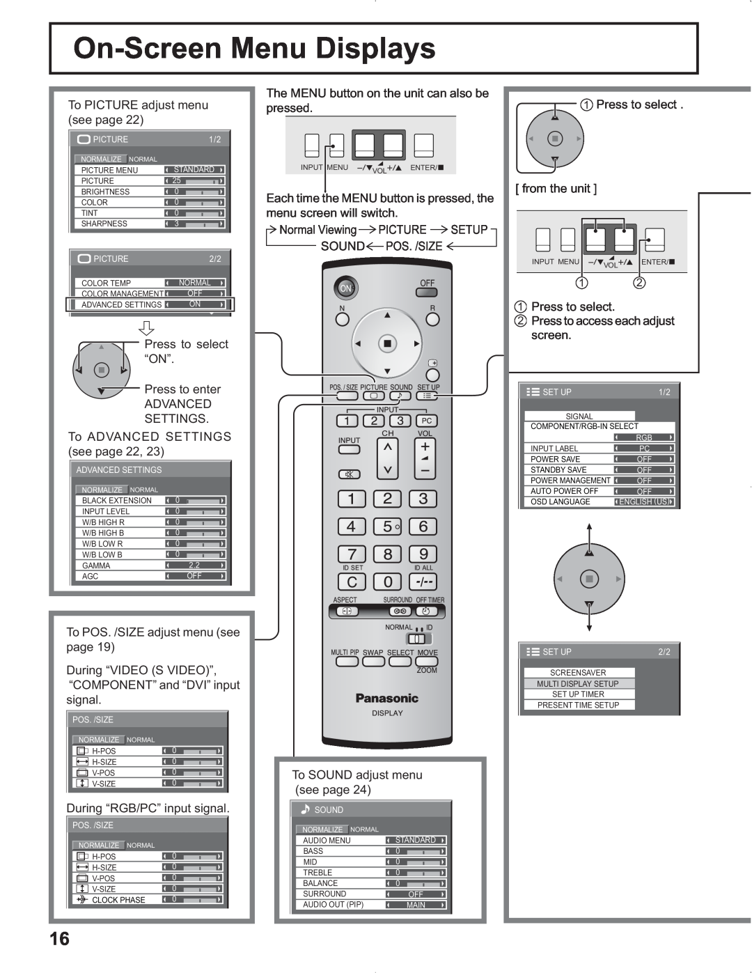 Panasonic TH-37PR9U manual On-Screen Menu Displays, Clock Phase, Power Save, Standby Save, Auto Power Off, Osd Language 