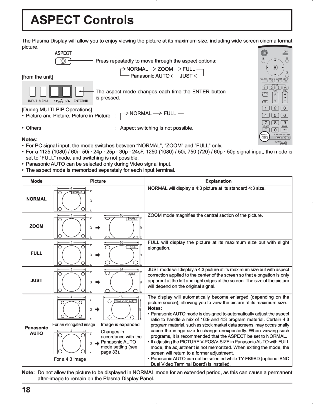 Panasonic TH-42PG9U, TH-37PR9U manual ASPECT Controls, Mode, Picture, Explanation, Normal, Zoom, Full, Just, Panasonic, Auto 
