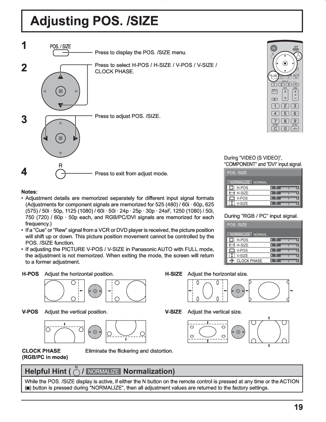 Panasonic TH-42PR9U, TH-37PR9U, TH-37PG9U, TH-42PG9U manual Adjusting POS. /SIZE, Helpful Hint, Normalization, Normalize 
