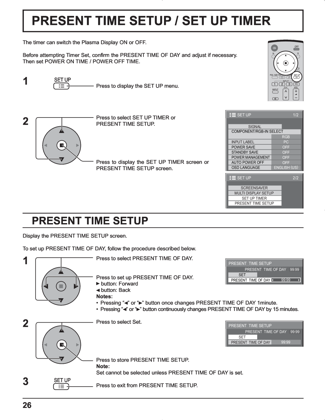 Panasonic TH-42PG9U, TH-37PR9U, TH-37PG9U, TH-42PR9U manual Present Time Setup / Set Up Timer 
