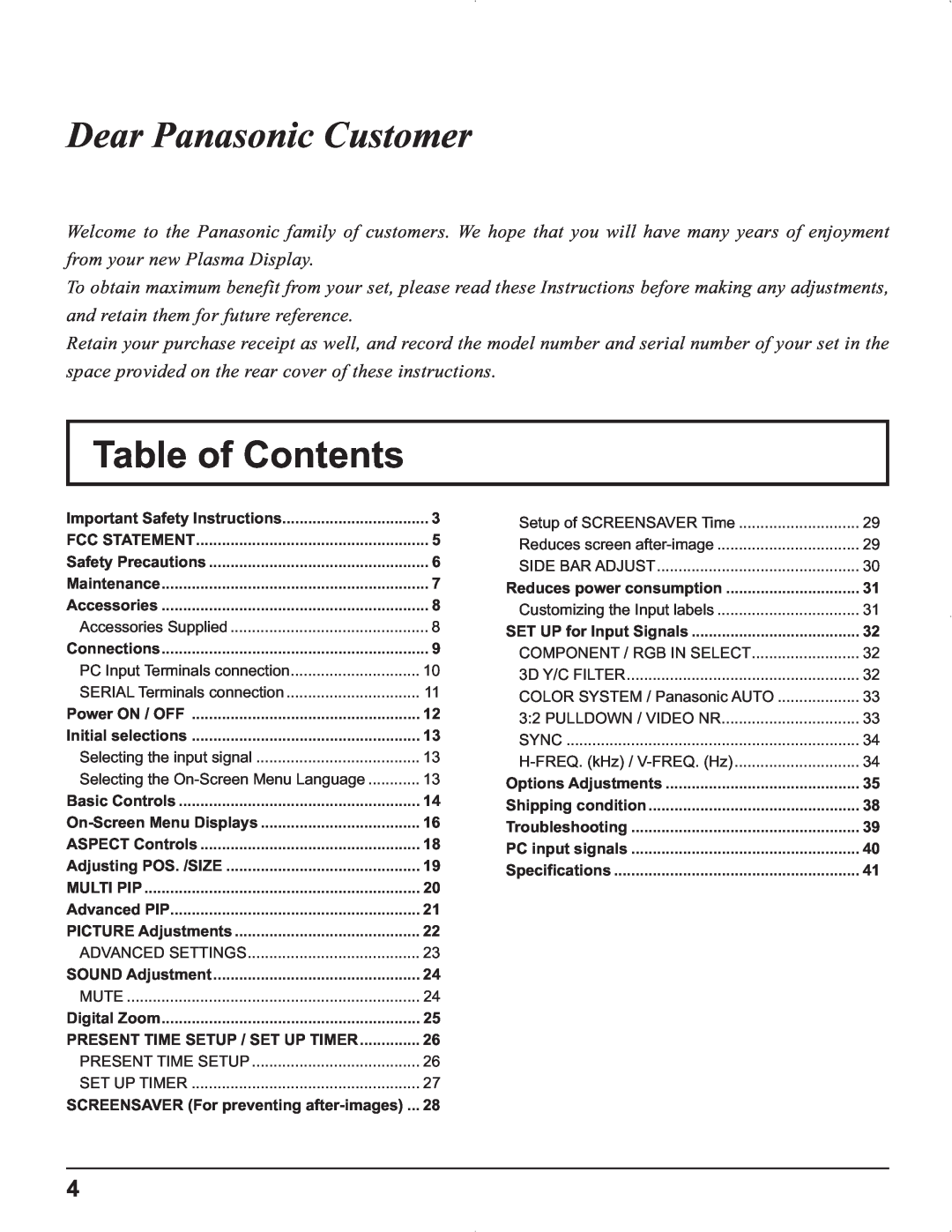 Panasonic TH-37PR9U, TH-37PG9U, TH-42PG9U, TH-42PR9U manual Dear Panasonic Customer, Table of Contents 