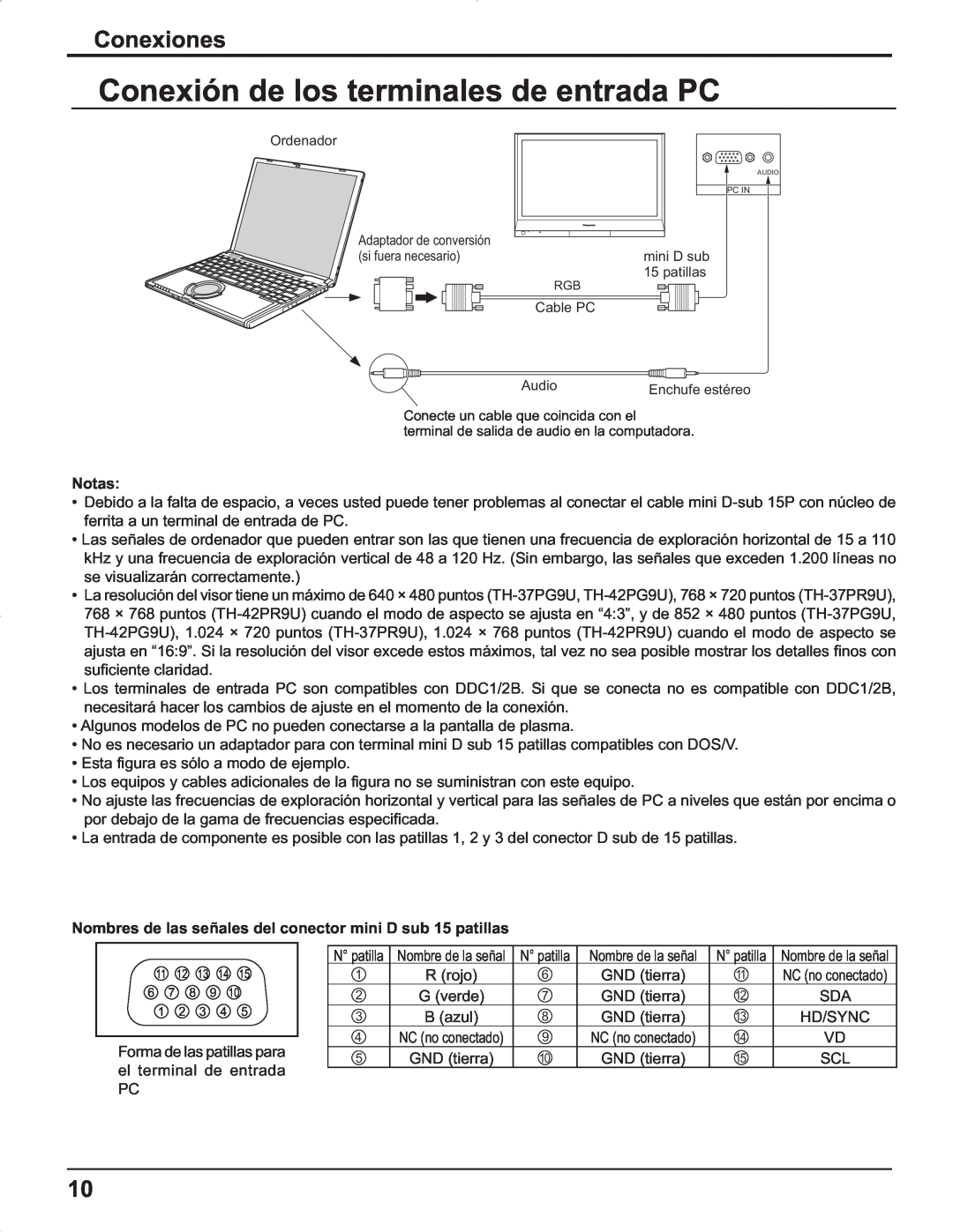 Panasonic TH-42PG9U, TH-37PR9U, TH-37PG9U, TH-42PR9U manual Conexión de los terminales de entrada PC, Conexiones 