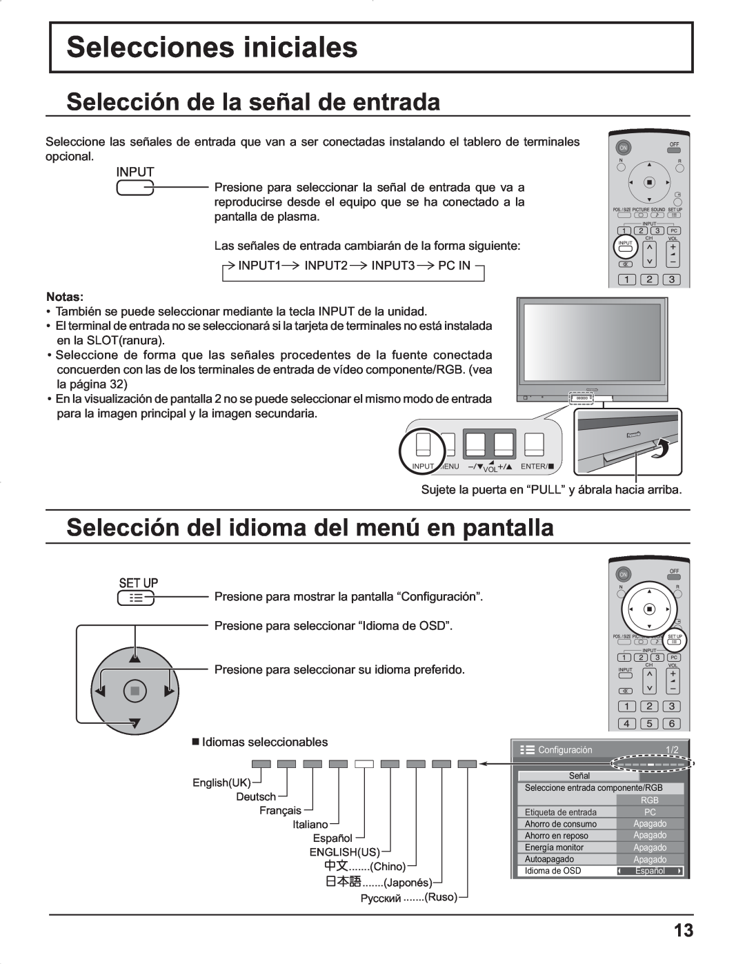 Panasonic TH-37PG9U Selecciones iniciales, Selección de la señal de entrada, Selección del idioma del menú en pantalla 