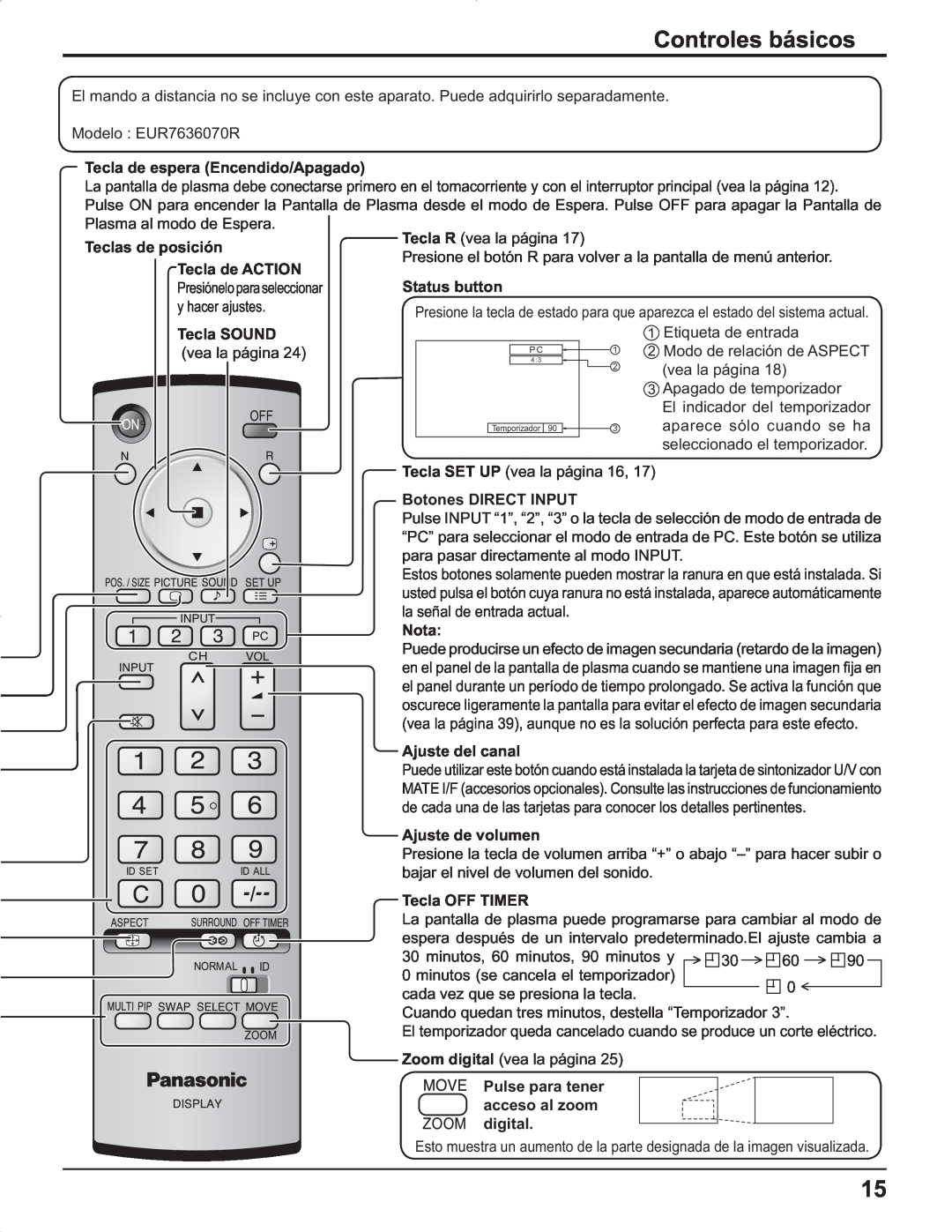 Panasonic TH-42PR9U, TH-37PR9U, TH-37PG9U manual Controles básicos, Tecla de ACTION Presióneloparaseleccionar y hacer ajustes 