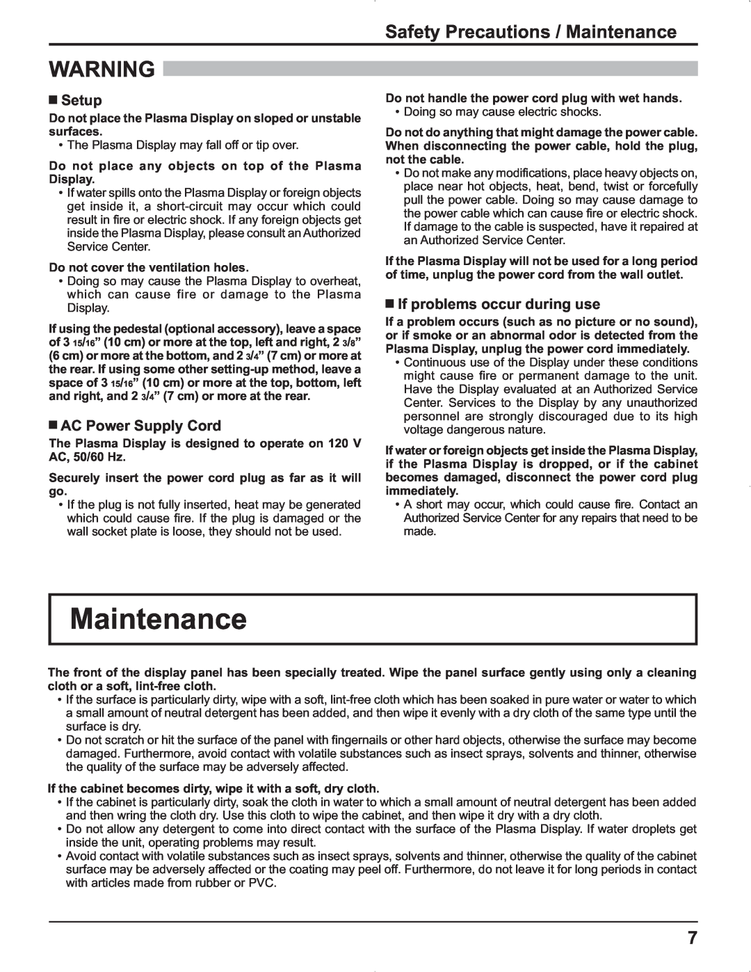 Panasonic TH-42PR9U manual Safety Precautions / Maintenance, Setup, AC Power Supply Cord, If problems occur during use 