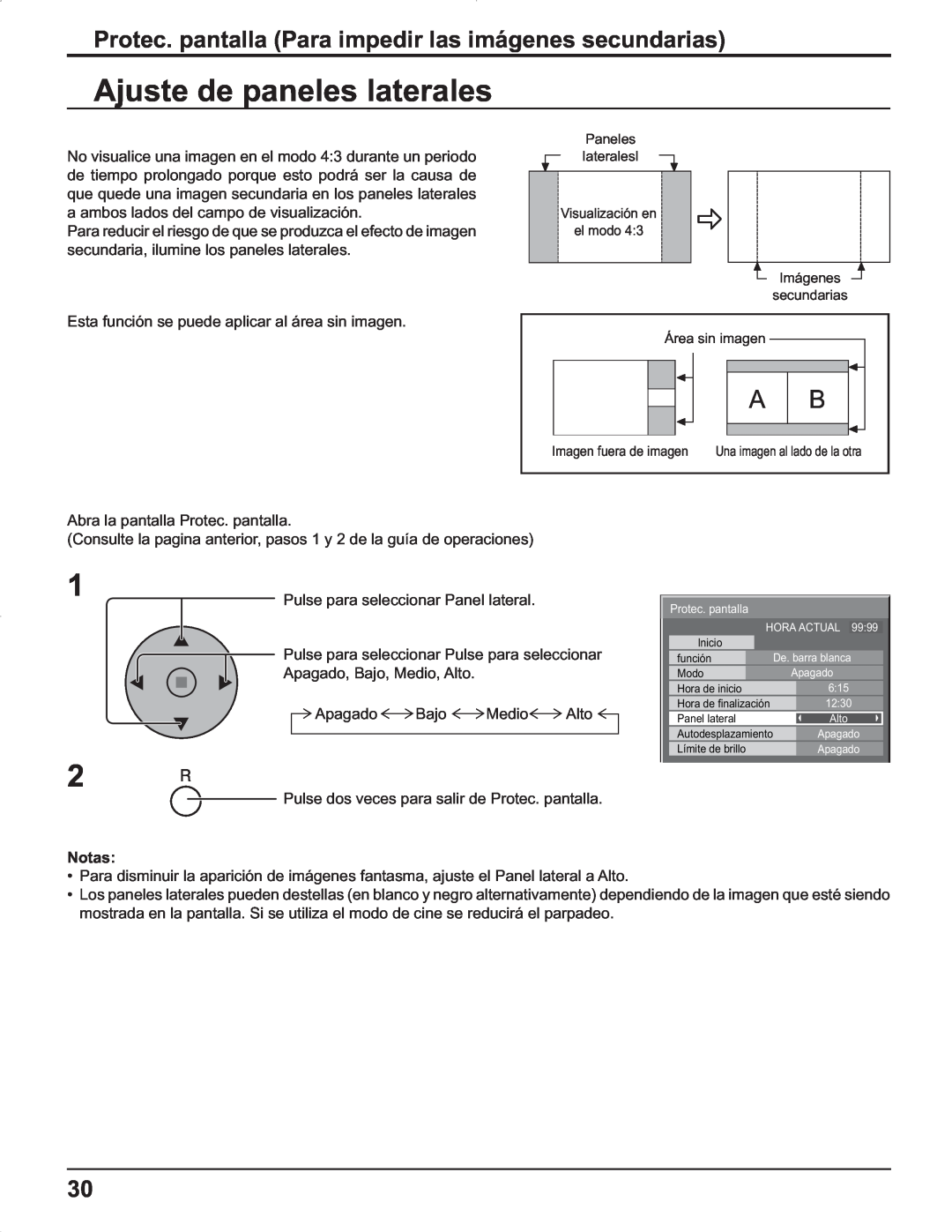 Panasonic TH-42PG9U, TH-37PR9U manual Ajuste de paneles laterales, Protec. pantalla Para impedir las imágenes secundarias 