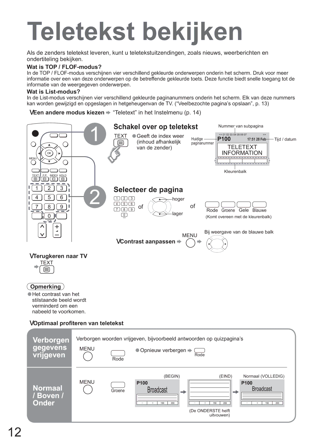 Panasonic TH-37PV60E, TH-42PV60E manual Teletekst bekijken, Verborgen, Gegevens, Vrijgeven, Normaal Boven Onder 