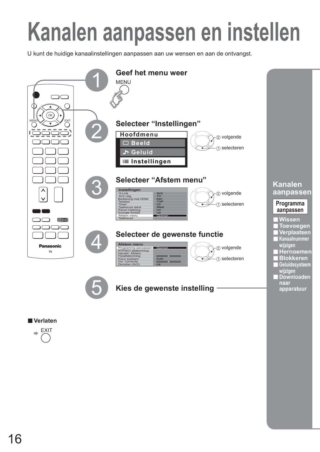 Panasonic TH-37PV60E, TH-42PV60E manual Selecteer Instellingen, Selecteer Afstem menu, Selecteer de gewenste functie 