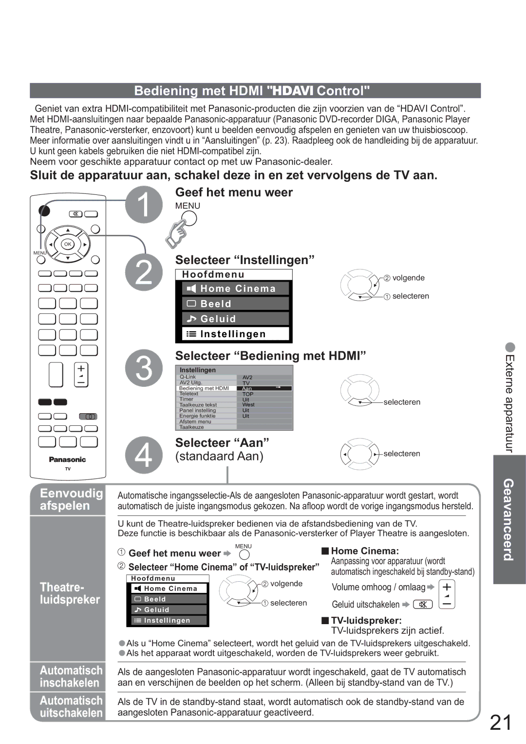 Panasonic TH-42PV60E manual Bediening met Hdmi Control, Selecteer Bediening met Hdmi, Selecteer Aan, Theatre- luidspreker 