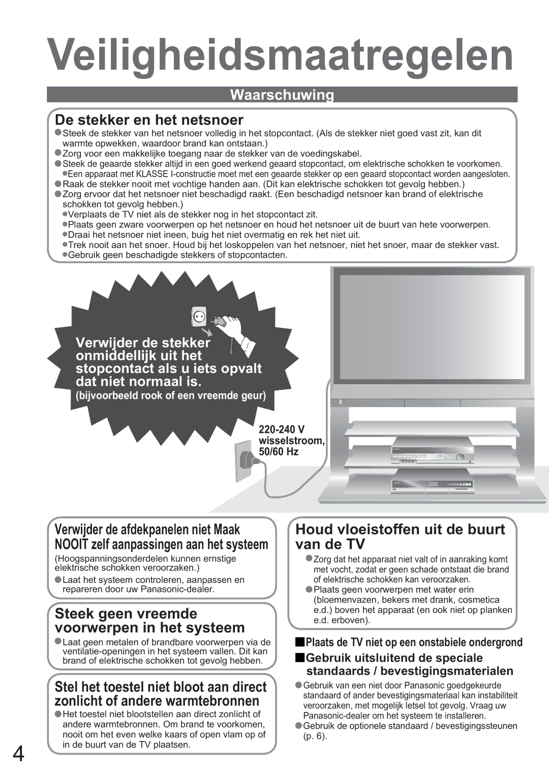 Panasonic TH-37PV60E manual Veiligheidsmaatregelen, Wisselstroom, 50/60 Hz, Plaats de TV niet op een onstabiele ondergrond 