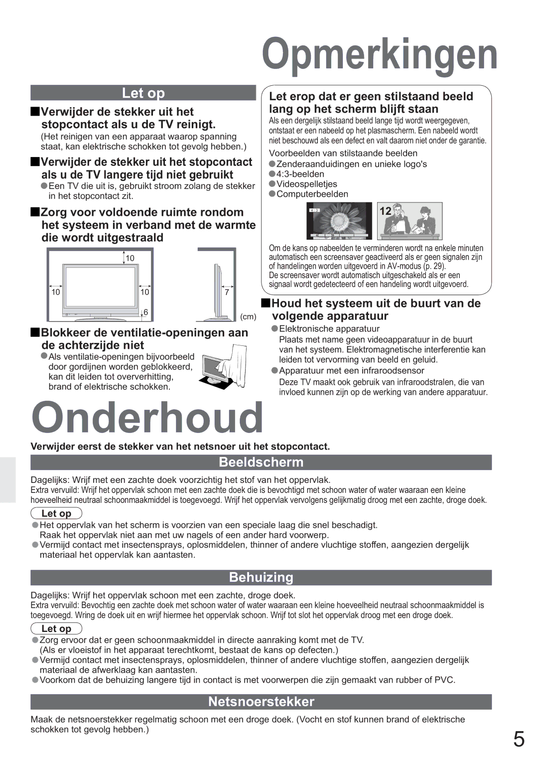 Panasonic TH-42PV60E, TH-37PV60E manual Onderhoud, Beeldscherm, Behuizing, Netsnoerstekker, Let op 