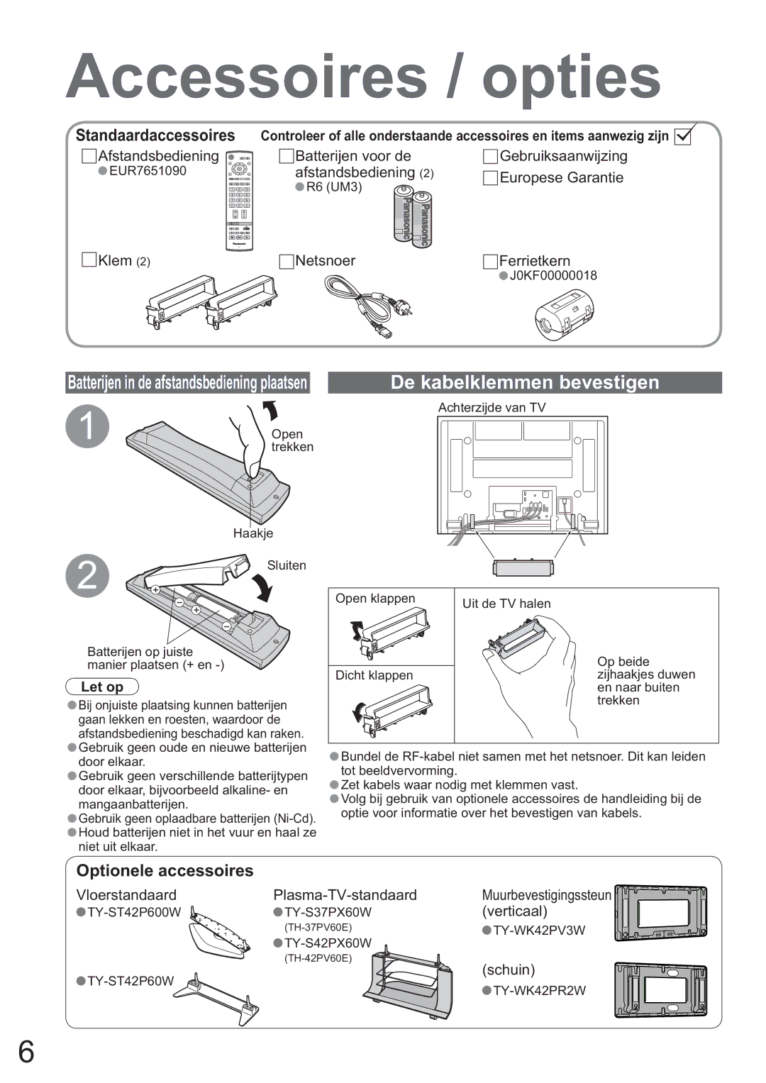 Panasonic TH-37PV60E, TH-42PV60E manual Accessoires / opties, De kabelklemmen bevestigen 