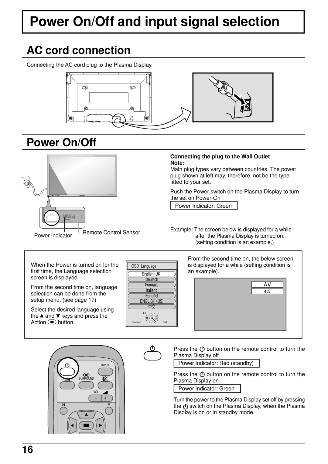 Panasonic TH-37PW4 Power On/Off and input signal selection, AC cord connection, Connecting the plug to the Wall Outlet 