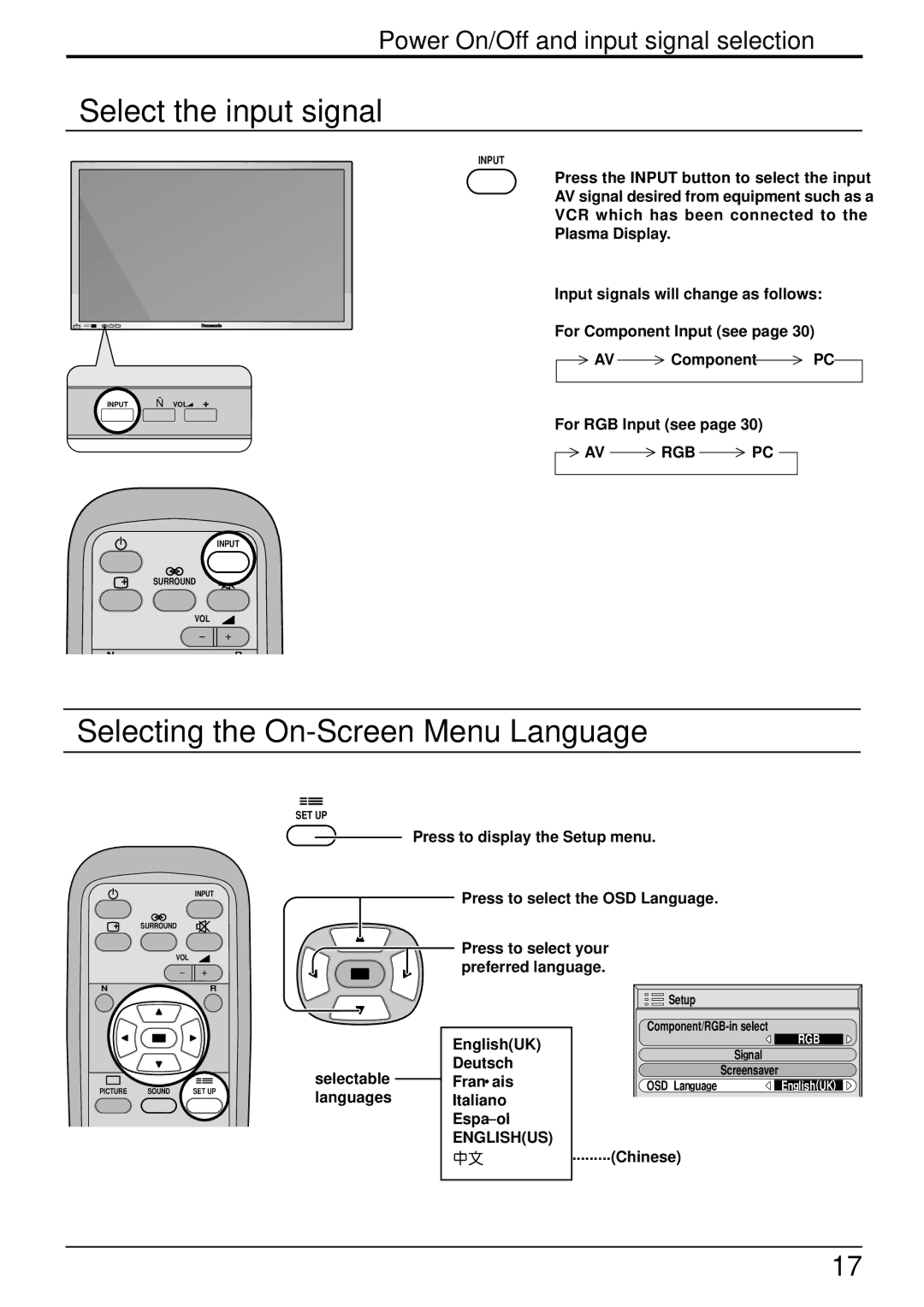 Panasonic TH-37PW4 Select the input signal, Selecting the On-Screen Menu Language, Power On/Off and input signal selection 