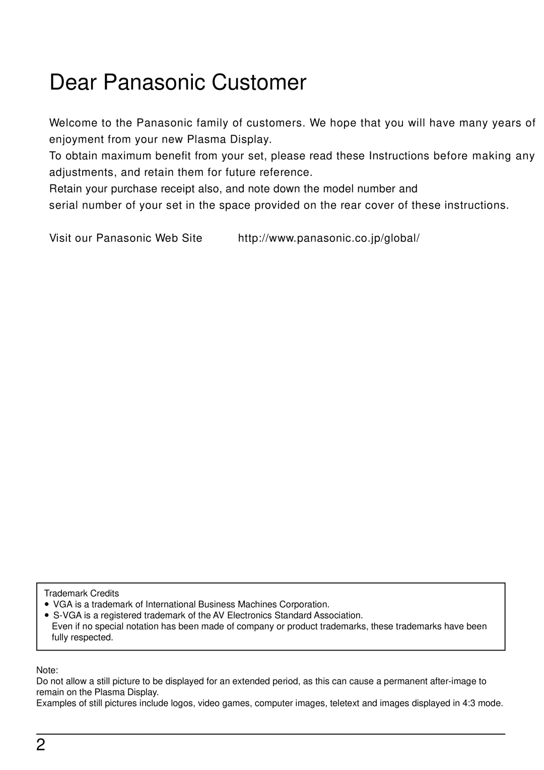 Panasonic TH-37PW4 operating instructions Dear Panasonic Customer, Trademark Credits 