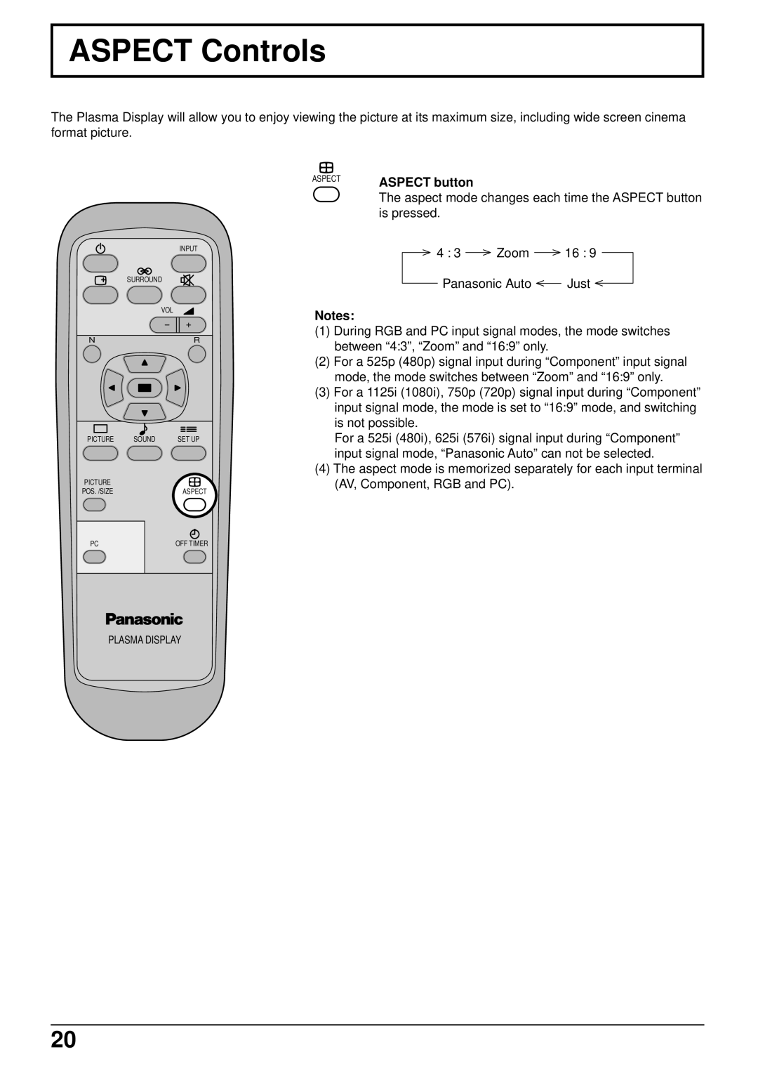 Panasonic TH-37PW4 operating instructions Aspect Controls, Aspect button 