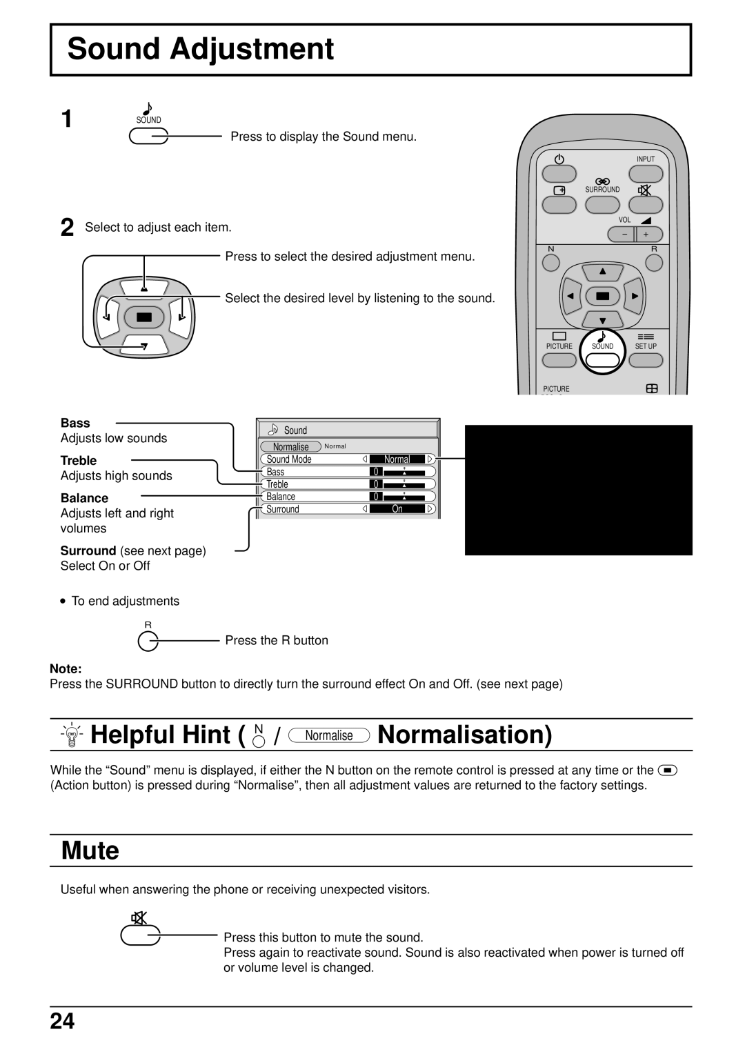 Panasonic TH-37PW4 operating instructions Sound Adjustment, Mute, Bass, Treble, Balance 