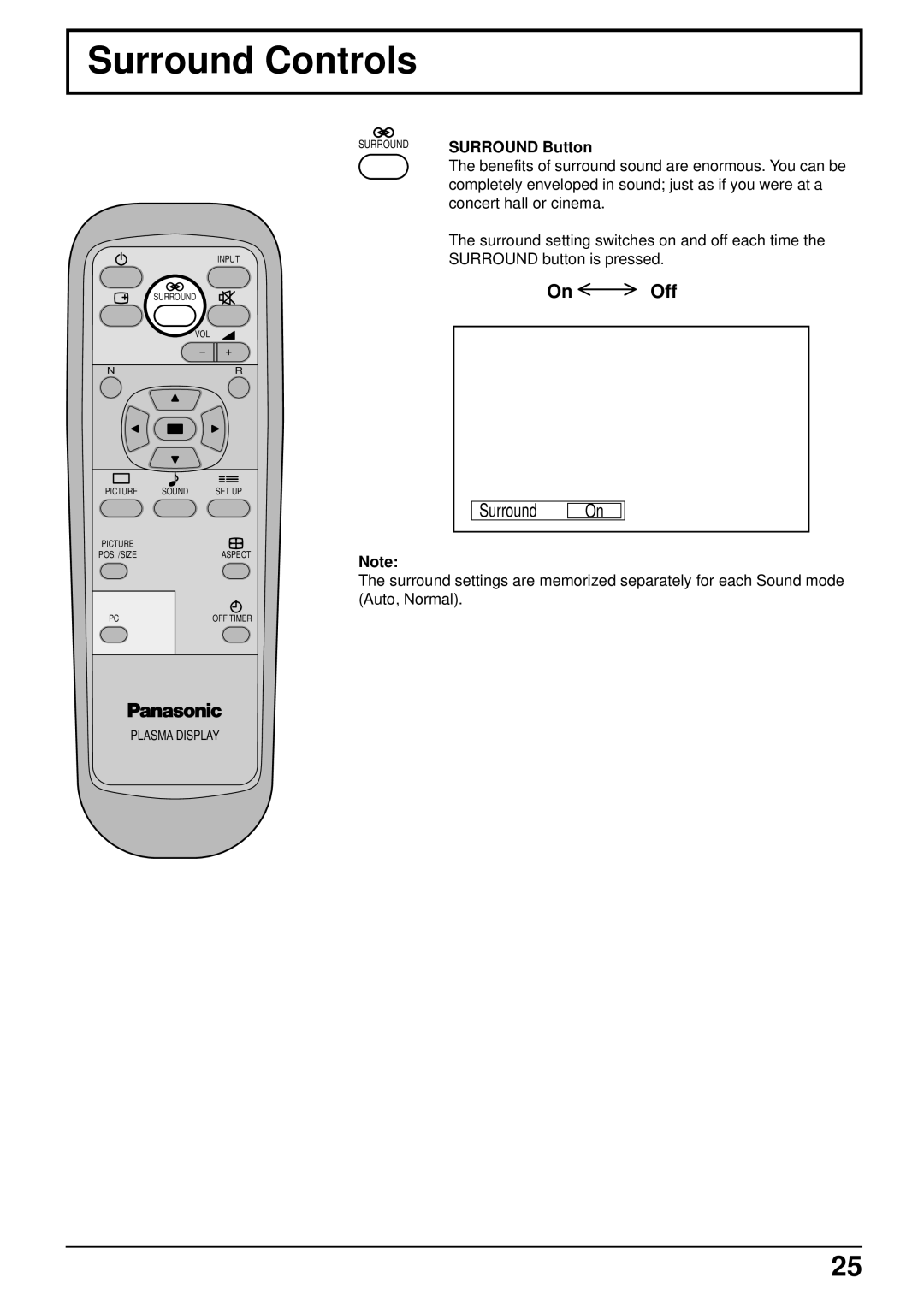 Panasonic TH-37PW4 operating instructions Surround Controls, Off 