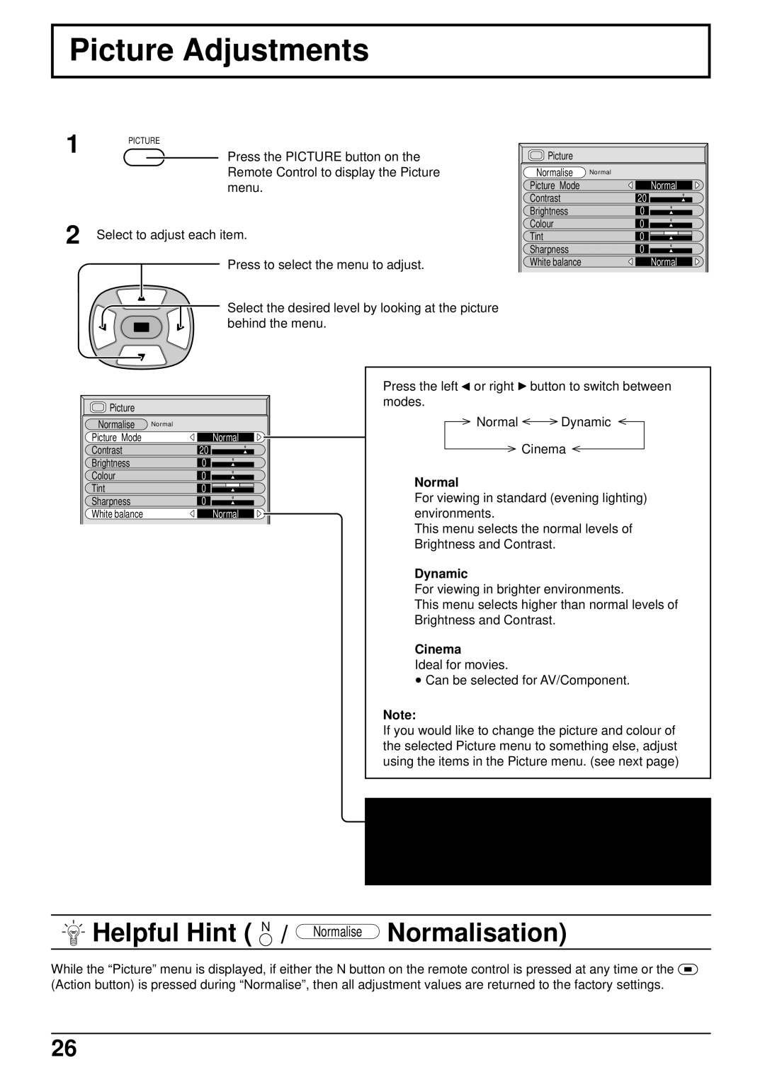 Panasonic TH-37PW4 operating instructions Picture Adjustments, Normal, Dynamic, Cinema 