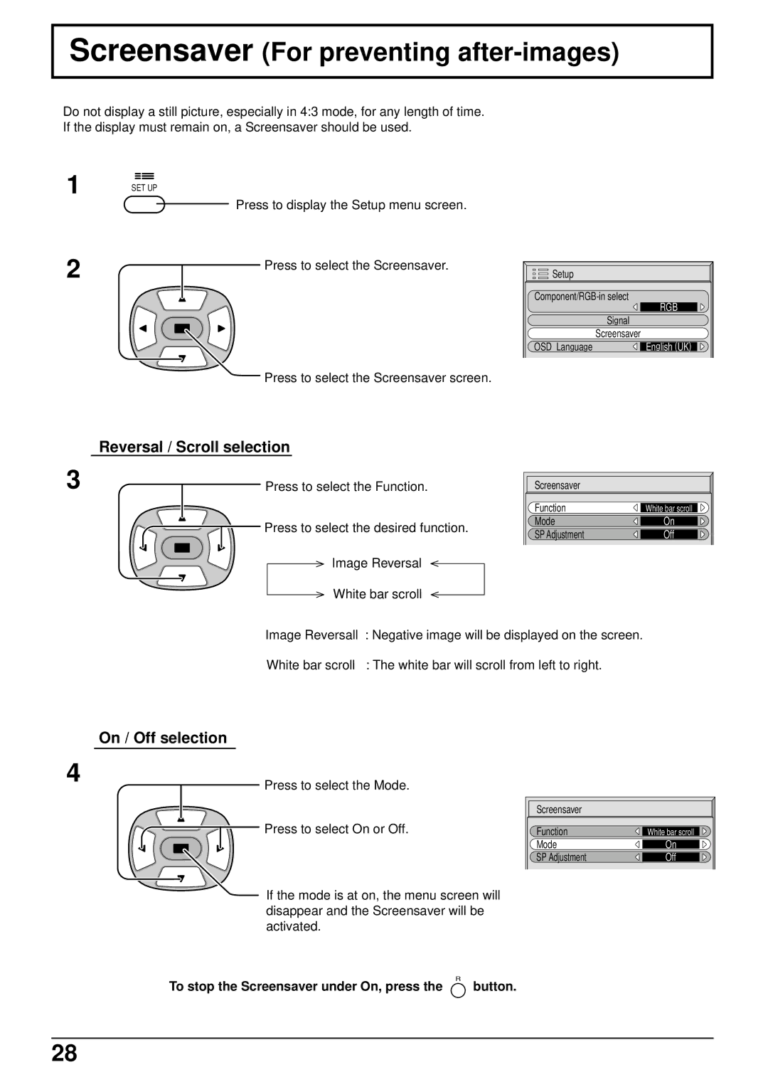 Panasonic TH-37PW4 Screensaver For preventing after-images, Reversal / Scroll selection, On / Off selection 