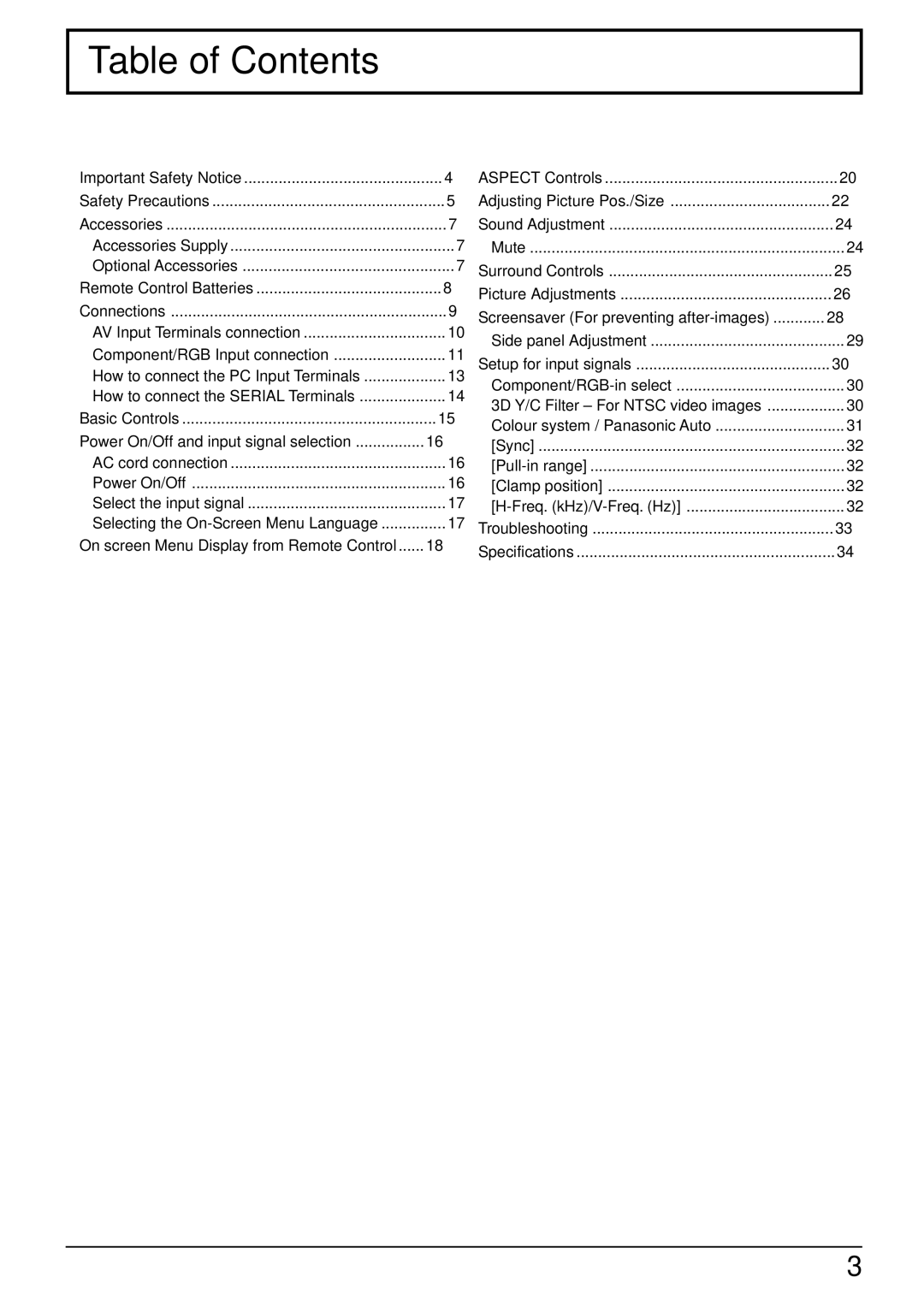 Panasonic TH-37PW4 operating instructions Table of Contents 