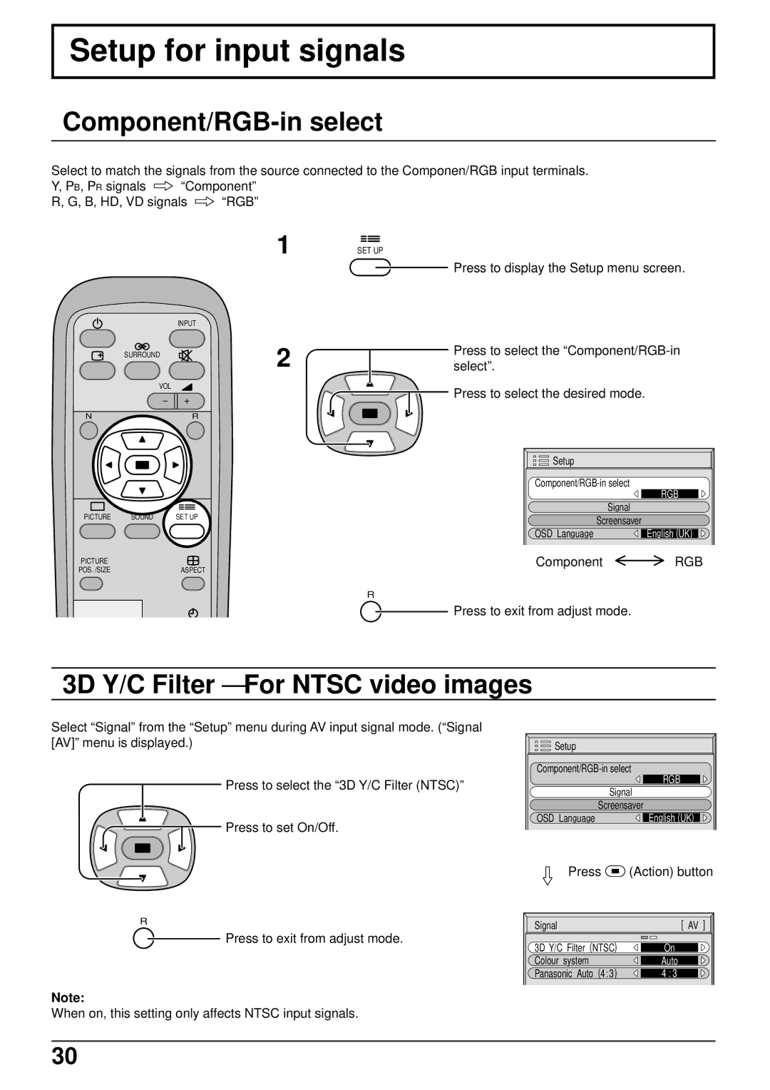 Panasonic TH-37PW4 Setup for input signals, Component/RGB-in select, 3D Y/C Filter For Ntsc video images 