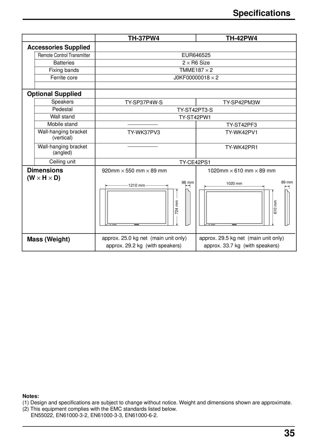 Panasonic TH-37PW4 operating instructions Specifications 