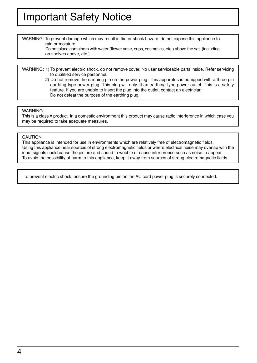 Panasonic TH-37PW4 operating instructions Important Safety Notice 