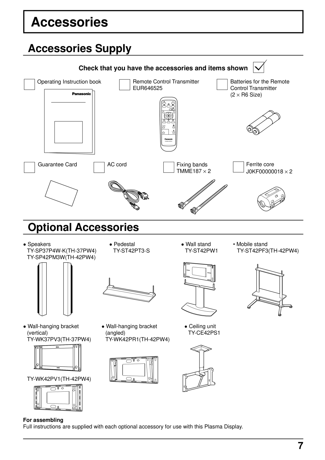 Panasonic TH-37PW4 Accessories Supply, Optional Accessories, Check that you have the accessories and items shown 