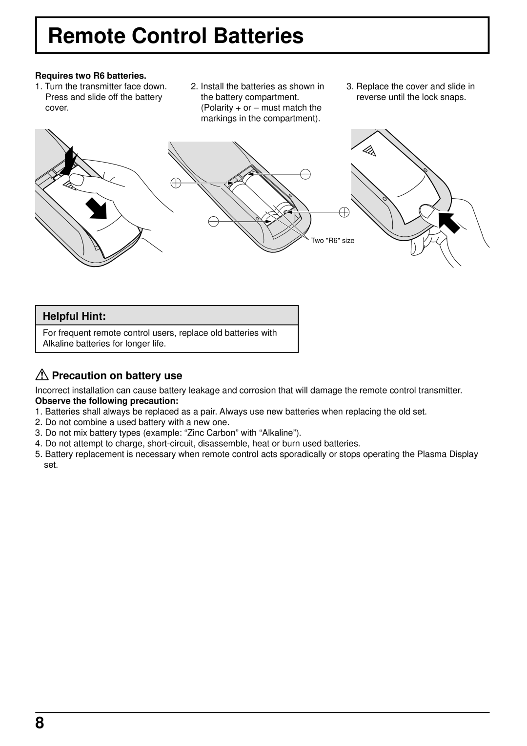 Panasonic TH-37PW4 Remote Control Batteries, Helpful Hint, Precaution on battery use, Requires two R6 batteries 