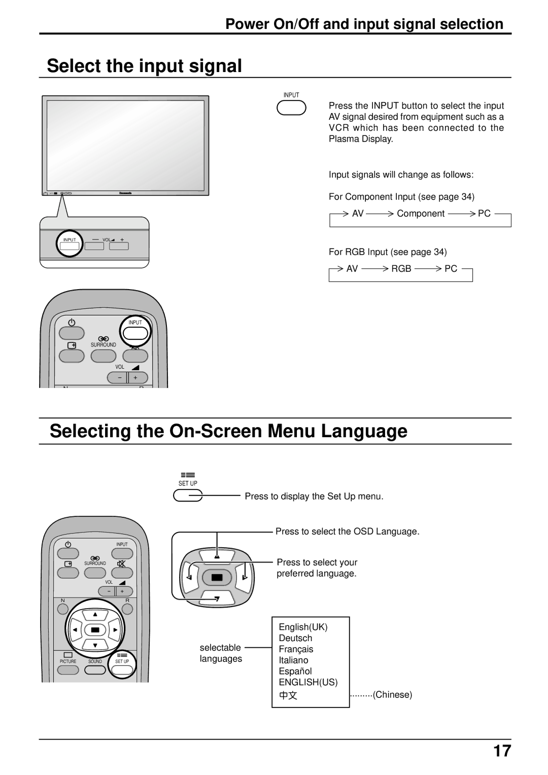 Panasonic TH 37PWD4 operating instructions Select the input signal, Selecting the On-Screen Menu Language 