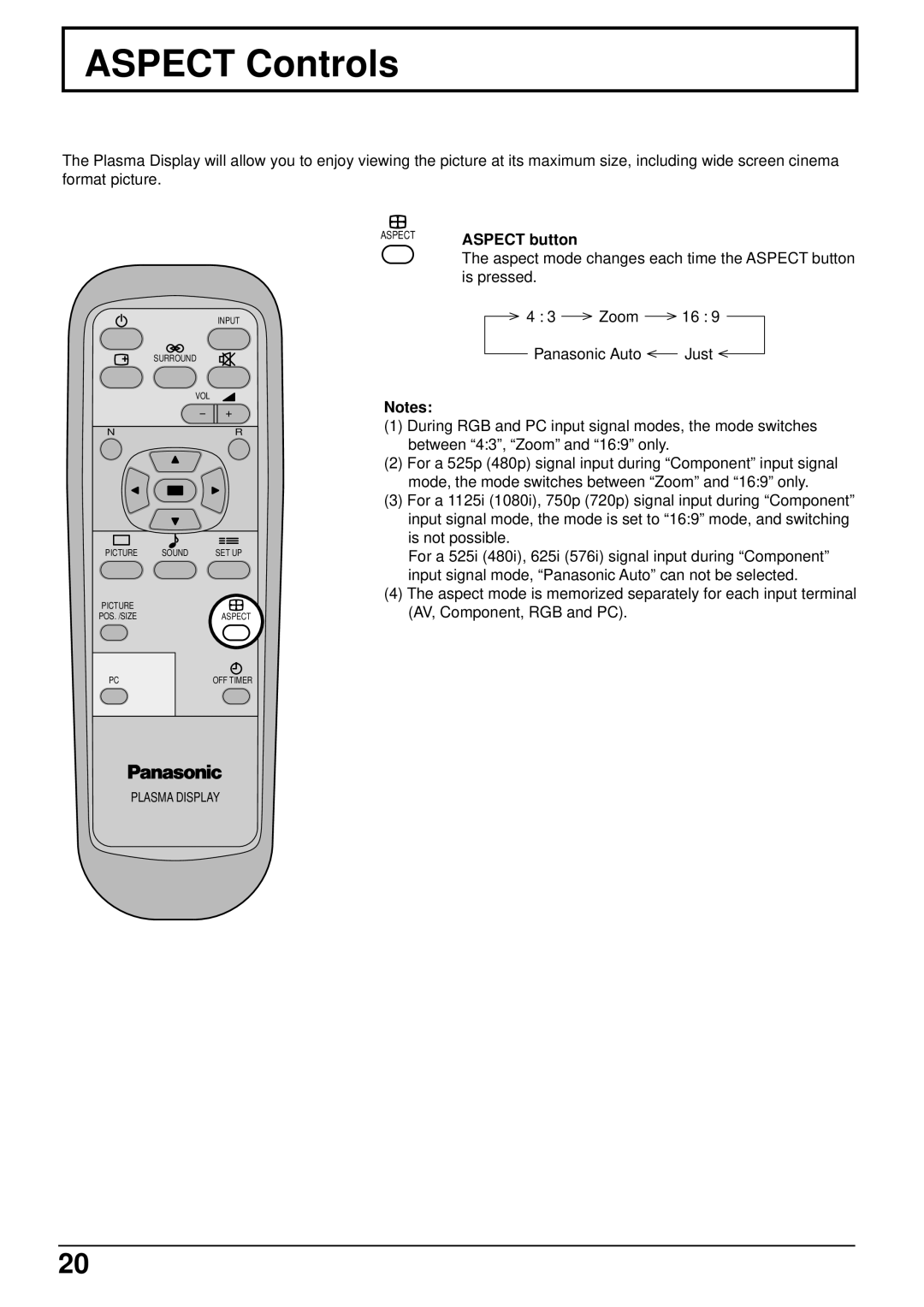 Panasonic TH 37PWD4 operating instructions Aspect Controls, Aspect button 