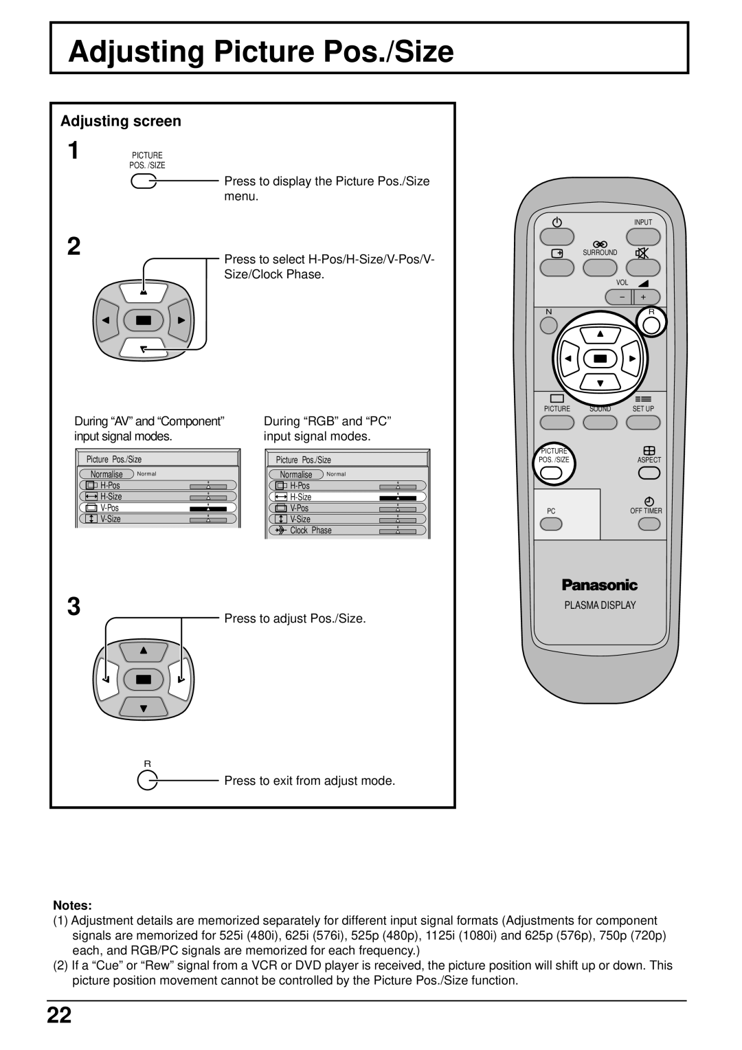 Panasonic TH 37PWD4 operating instructions Adjusting Picture Pos./Size, Adjusting screen 