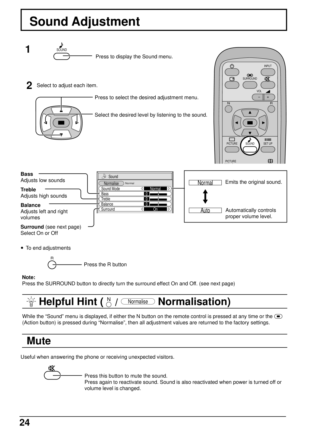 Panasonic TH 37PWD4 operating instructions Sound Adjustment, Mute, Bass, Treble, Balance 