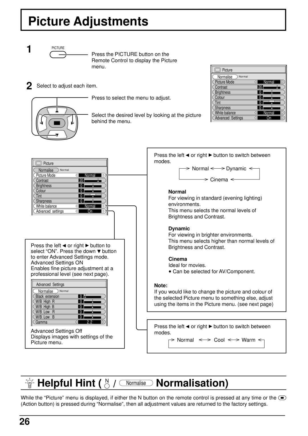 Panasonic TH 37PWD4 operating instructions Picture Adjustments, Normal, Dynamic, Cinema 