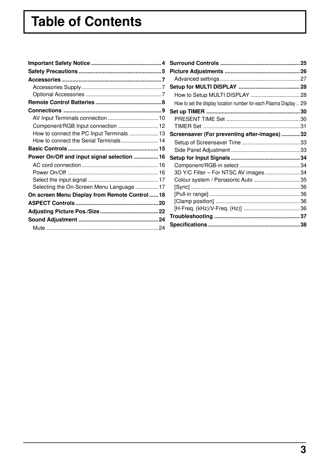 Panasonic TH 37PWD4 operating instructions Table of Contents 