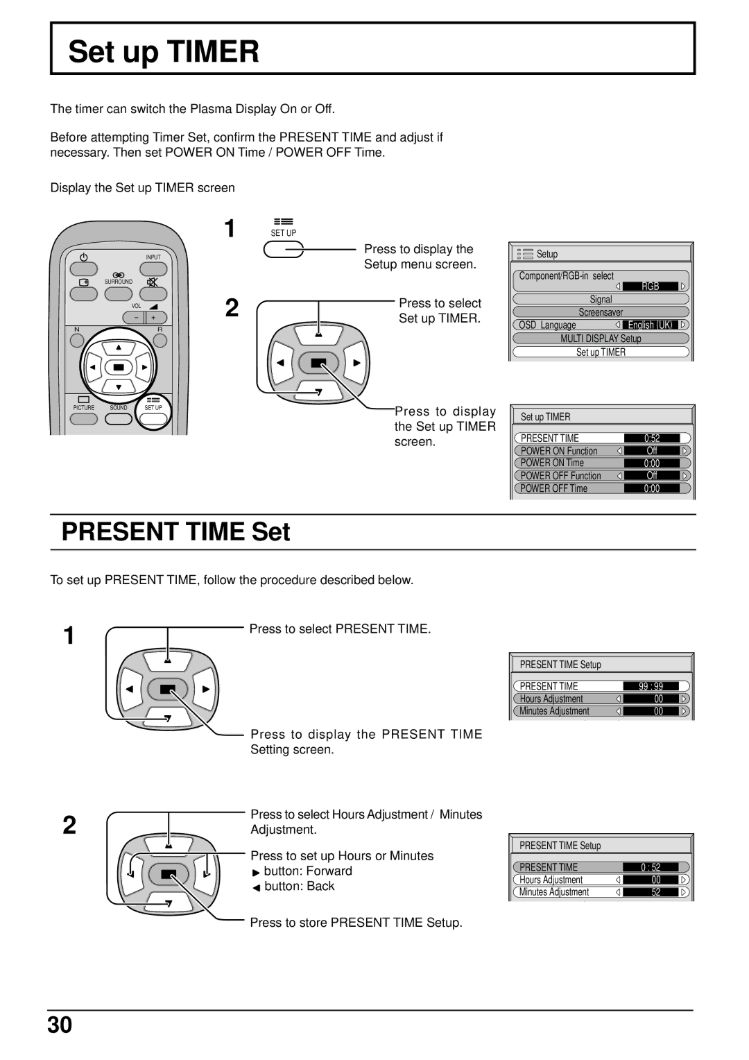 Panasonic TH 37PWD4 operating instructions Set up Timer, Present Time Set 