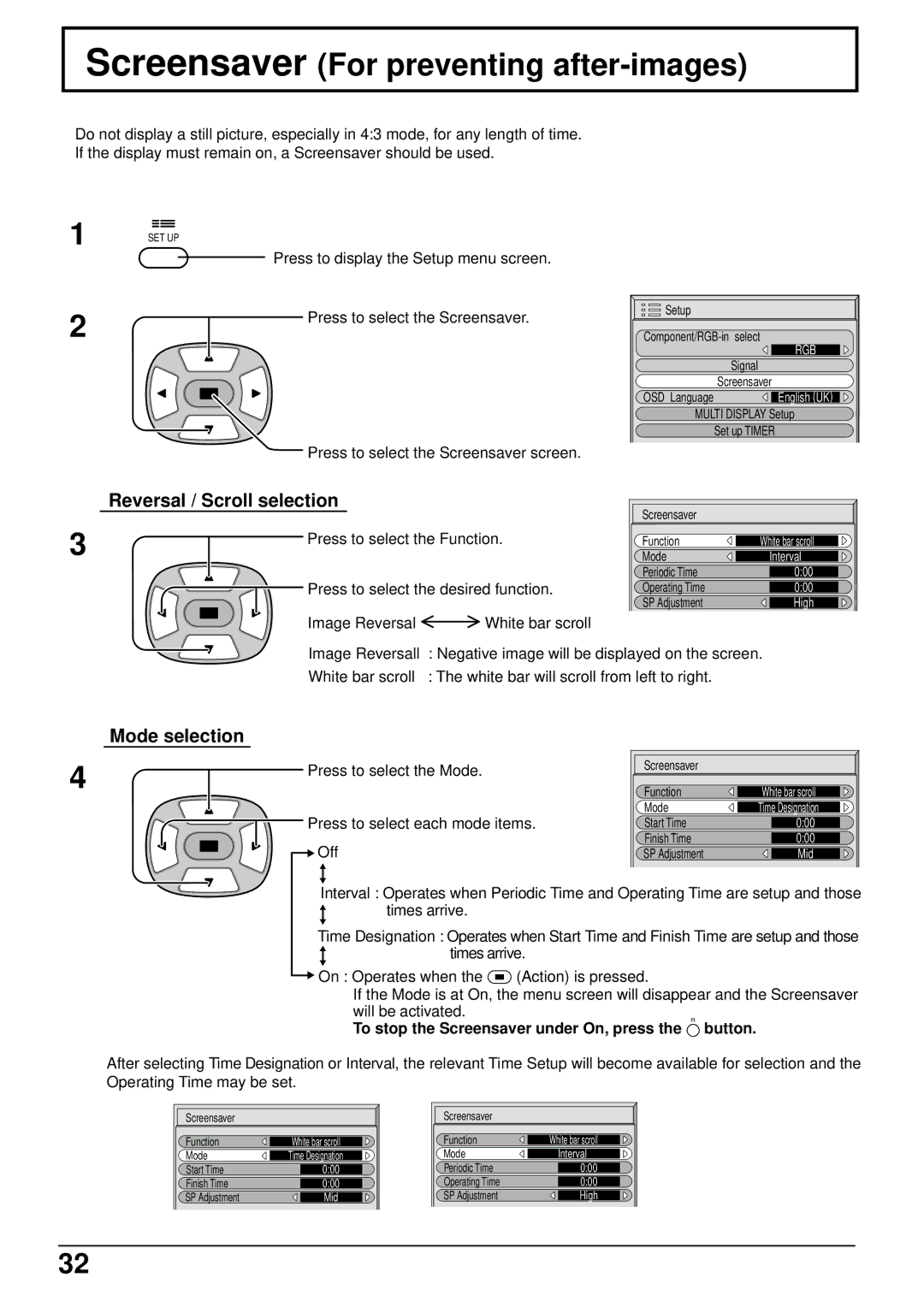 Panasonic TH 37PWD4 Screensaver For preventing after-images, Reversal / Scroll selection, Mode selection 