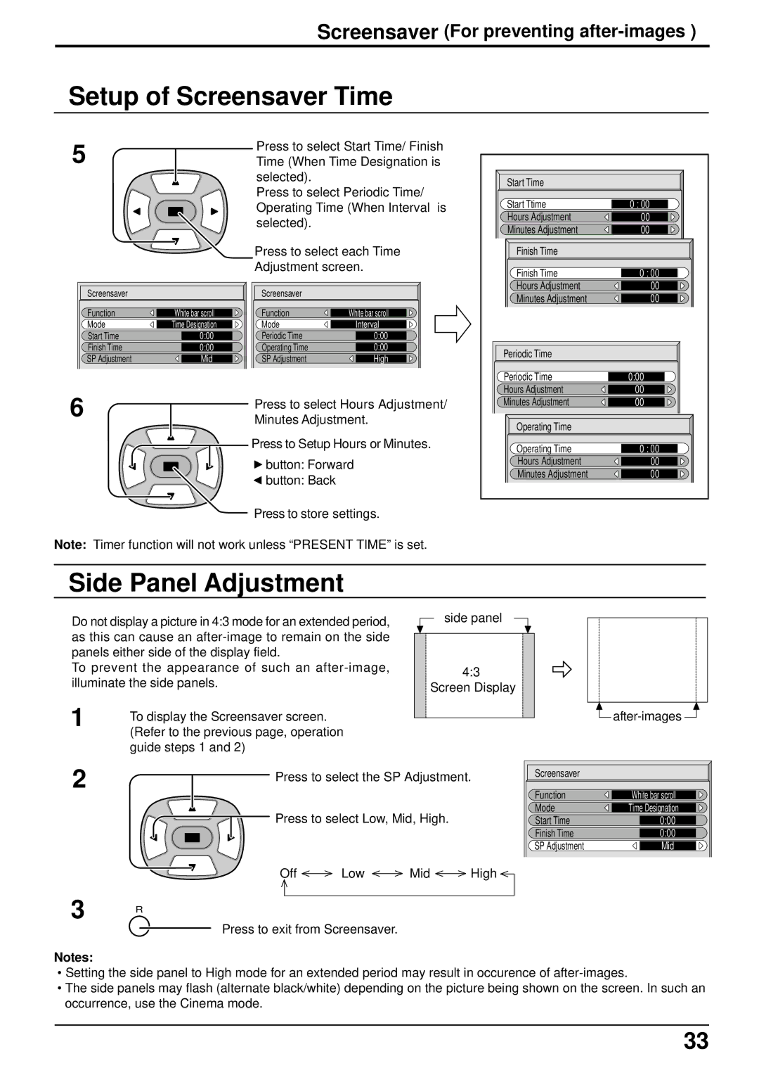 Panasonic TH 37PWD4 operating instructions Setup of Screensaver Time, Side Panel Adjustment 