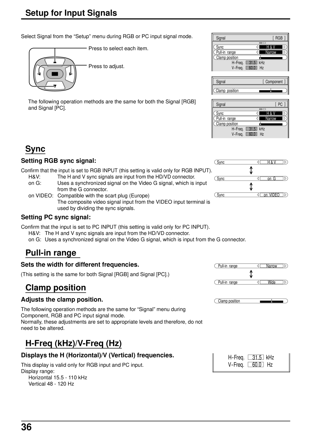 Panasonic TH 37PWD4 operating instructions Sync, Pull-in range, Clamp position, Freq kHz/V-Freq Hz 