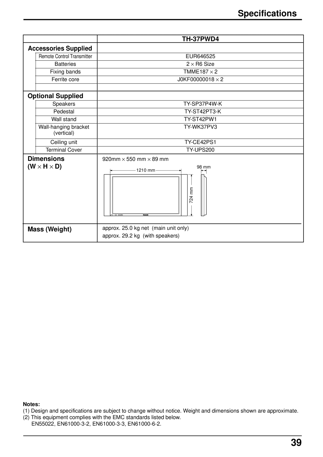 Panasonic TH 37PWD4 operating instructions Specifications 