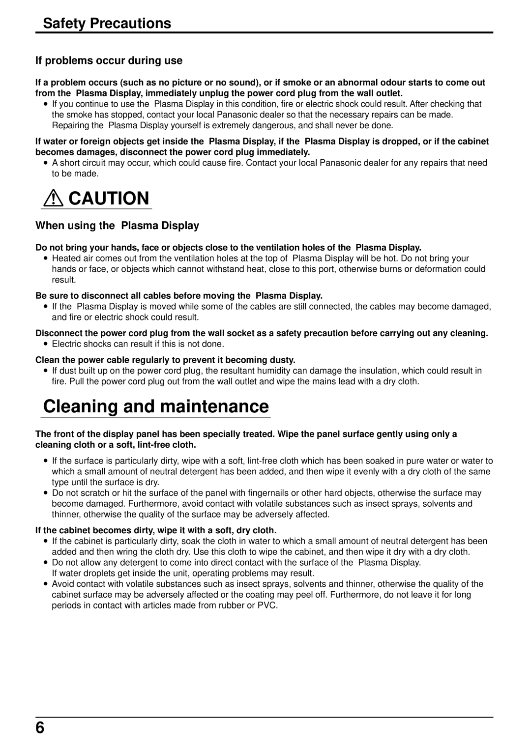 Panasonic TH 37PWD4 operating instructions Cleaning and maintenance, Safety Precautions, If problems occur during use 